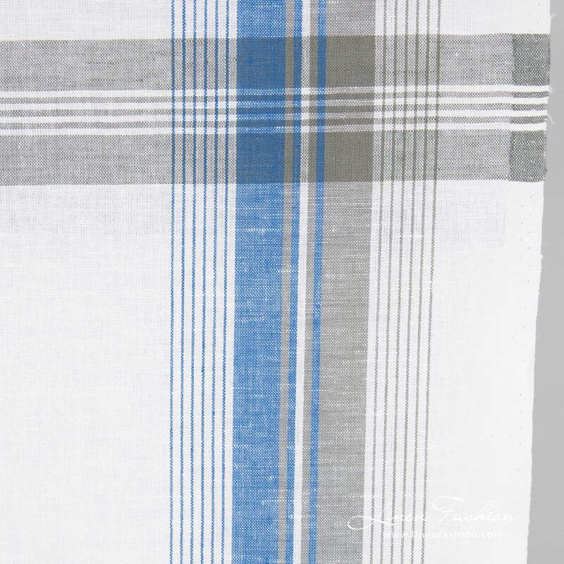 Linen cotton fabric with grey and blue stripes, 50cm width