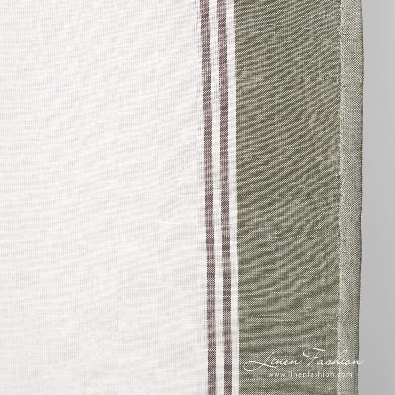 Linen cotton fabric with green and brown stripes, perfect for kitchen towels