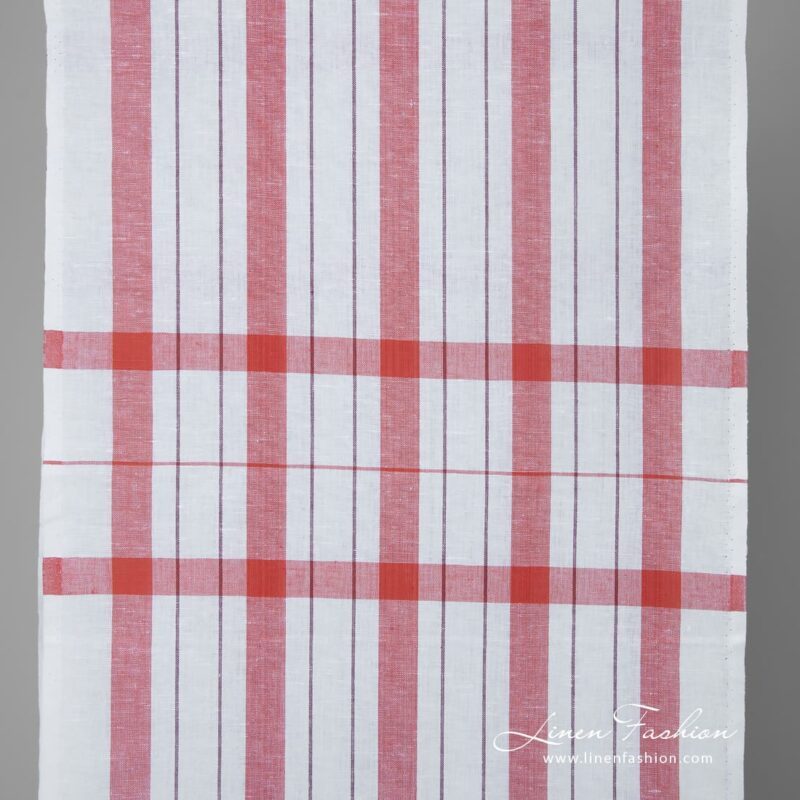 Narrow white linen cotton fabric with red stripes