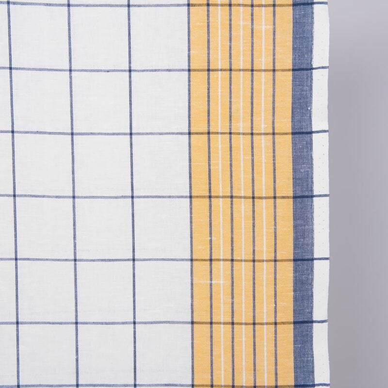 narrow linen cotton fabric white yellow blue checks, 50cm.