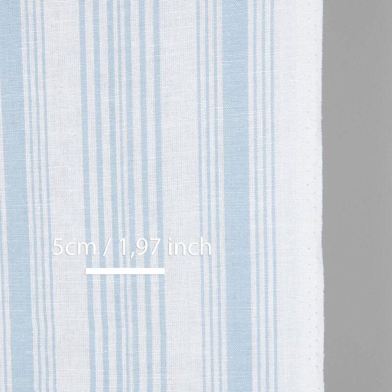 Narrow linen cotton fabric white with light blue stripes, with measurements
