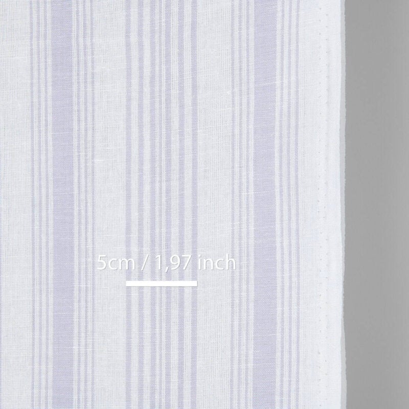 Narrow linen cotton fabric white with light violet stripes, with measurements