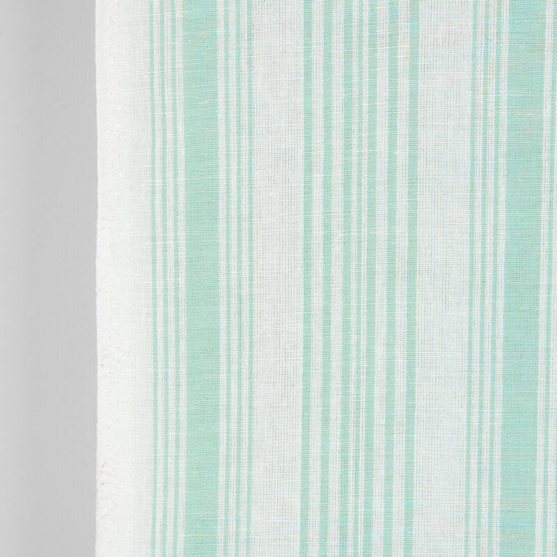 Narrow linen cotton fabric white with mint green stripes, 50cm wide