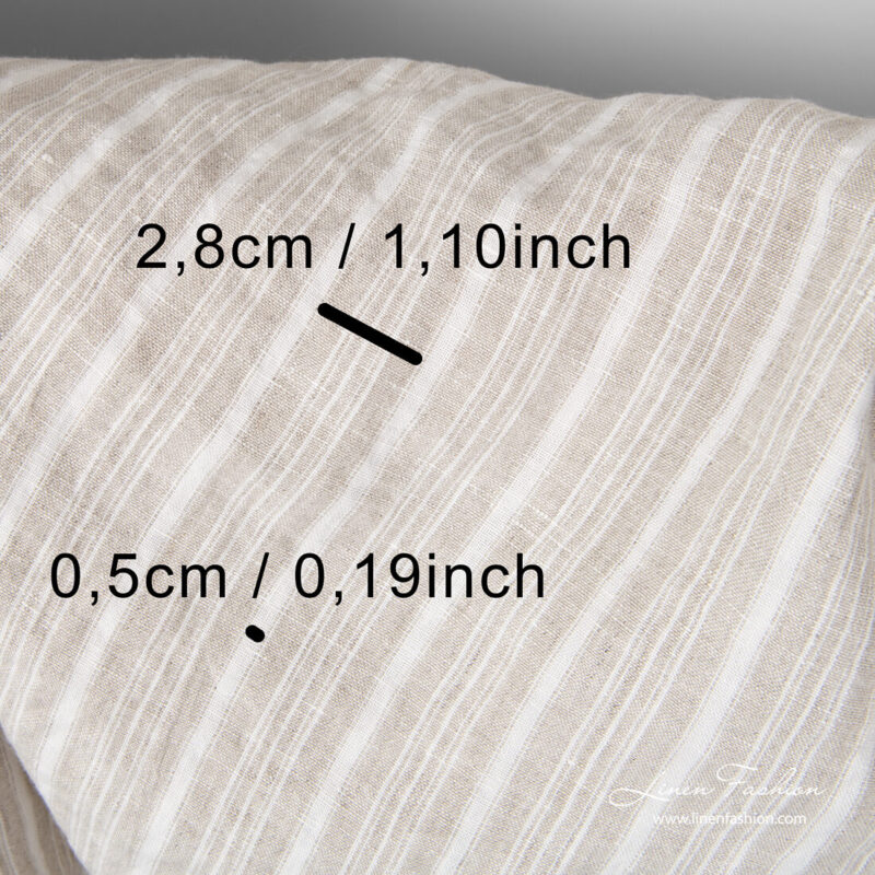 White/flax striped linen fabric with stripe measurements