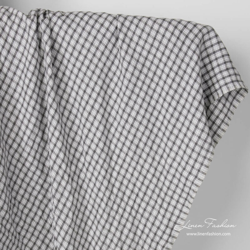 Pure linen dark grey check fabric, washed