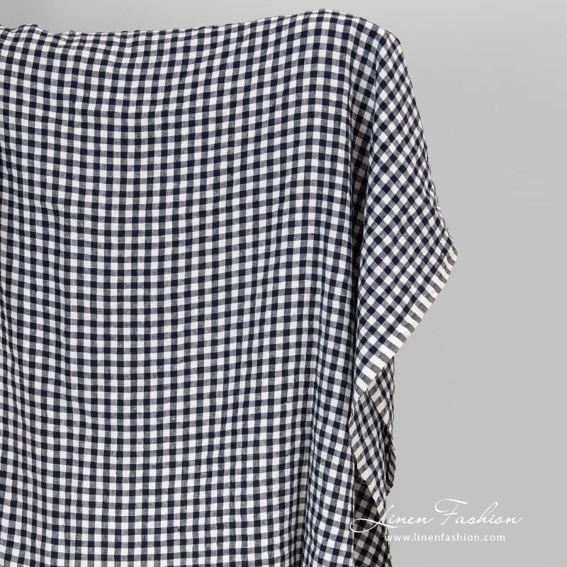 Linen fabric navy gingham checks, washed.