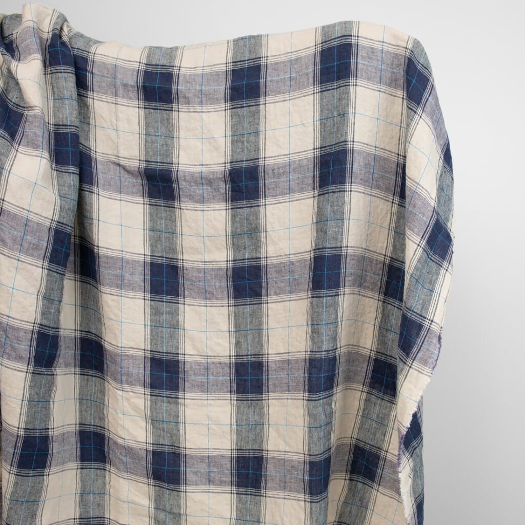 linen washed fabric in blue checks