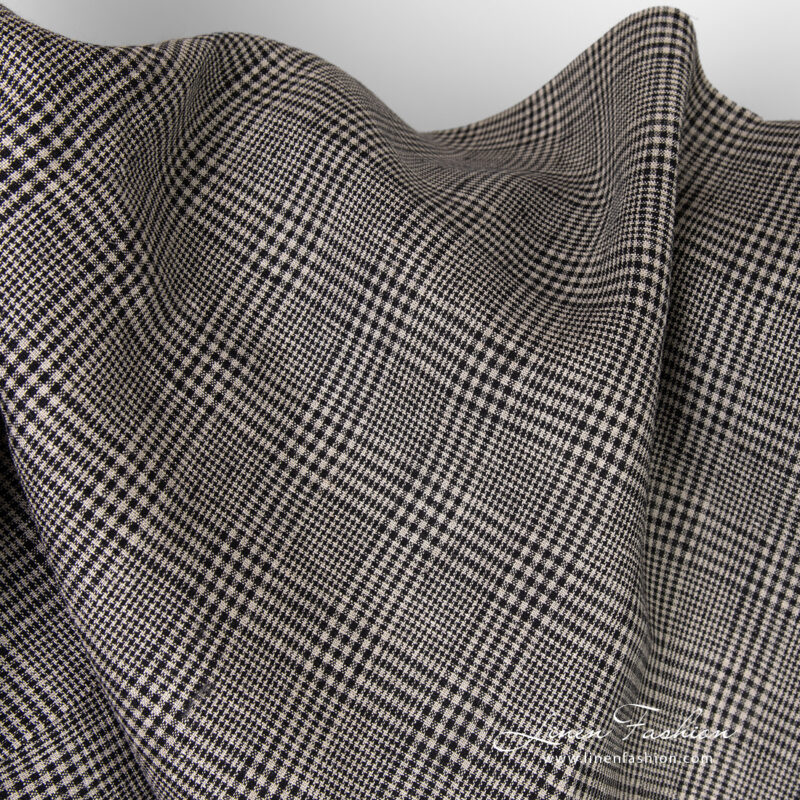 Linen fabric in black and greyish checks for clothes and home textile