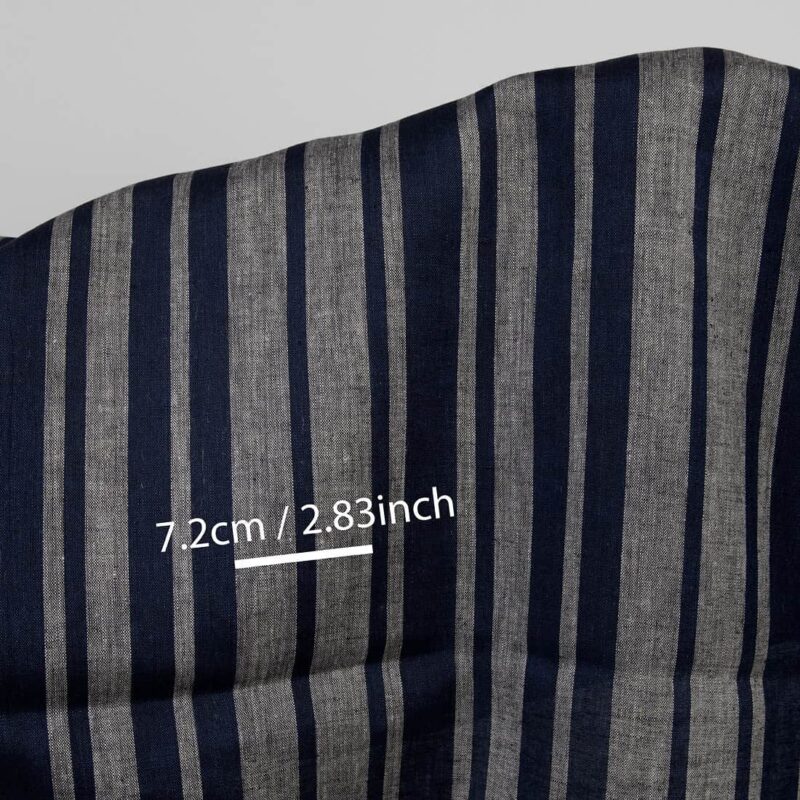 Linen fabric in blue and natural stripes, with measurements