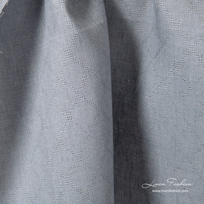 Grey linen fabric with azure diamond pattern