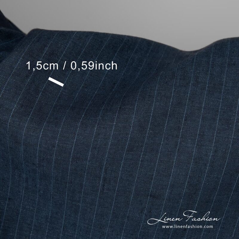 Dark blue striped linen fabric close up detail view