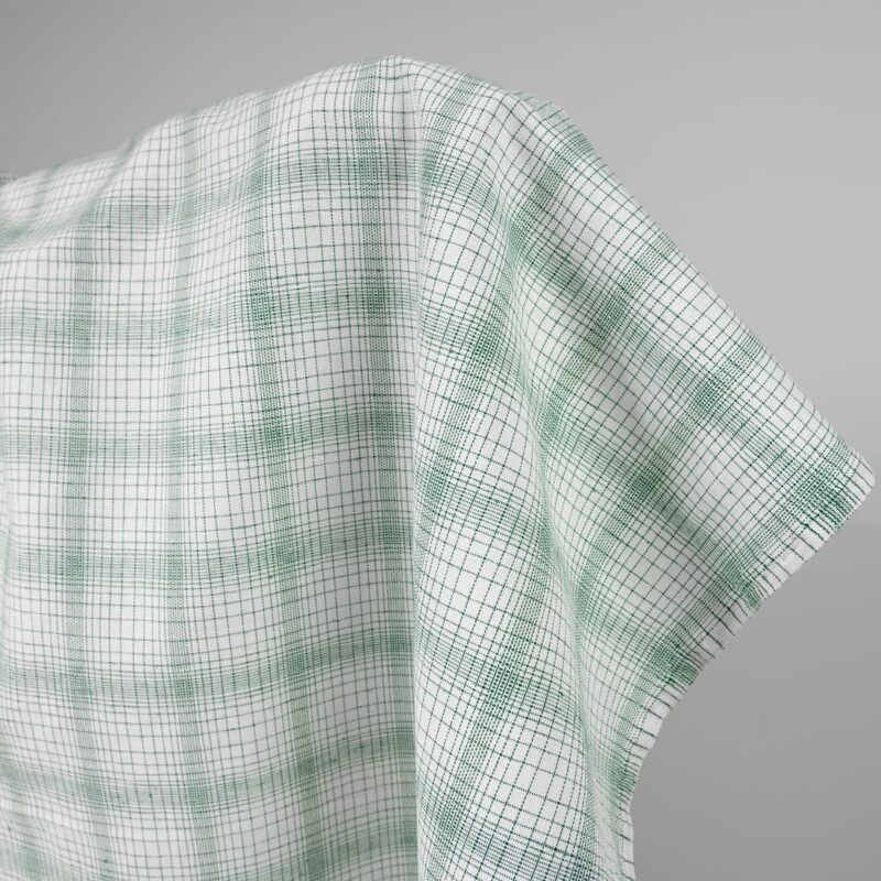 White linen cotton fabric with striped green checks product photo
