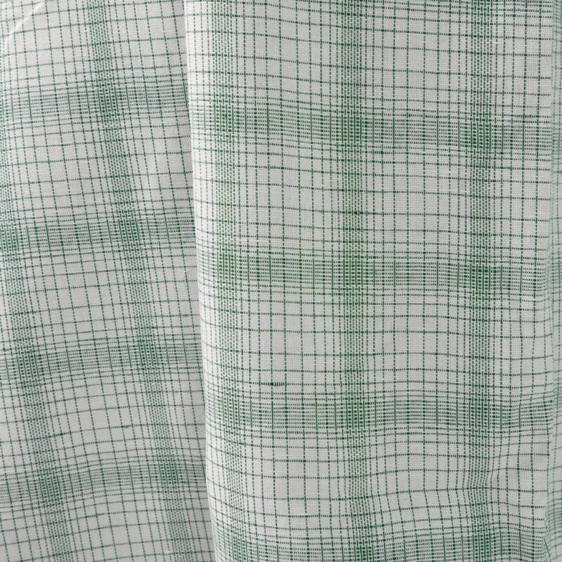 White linen cotton fabric with striped green checks close view photo