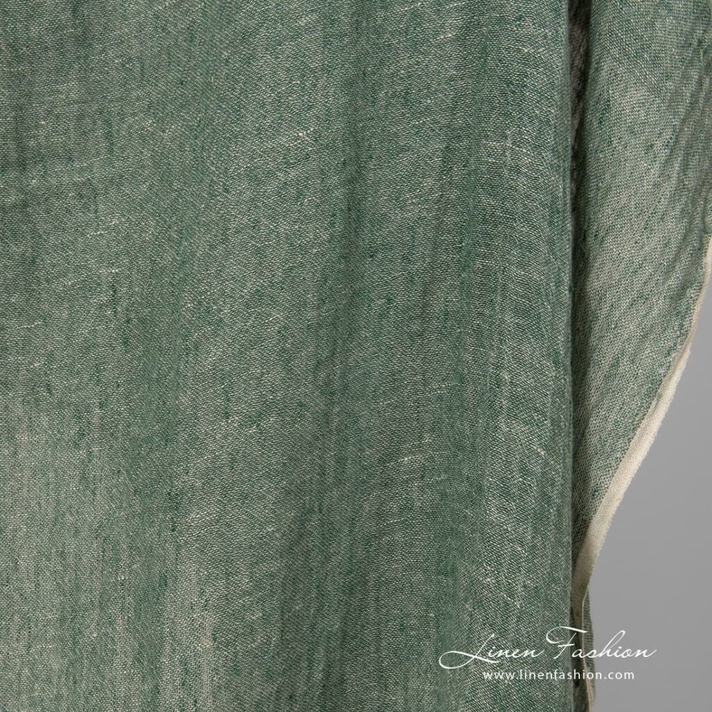 Przeźroczysty zielony prany len 3 Washed green transparent linen fabric.