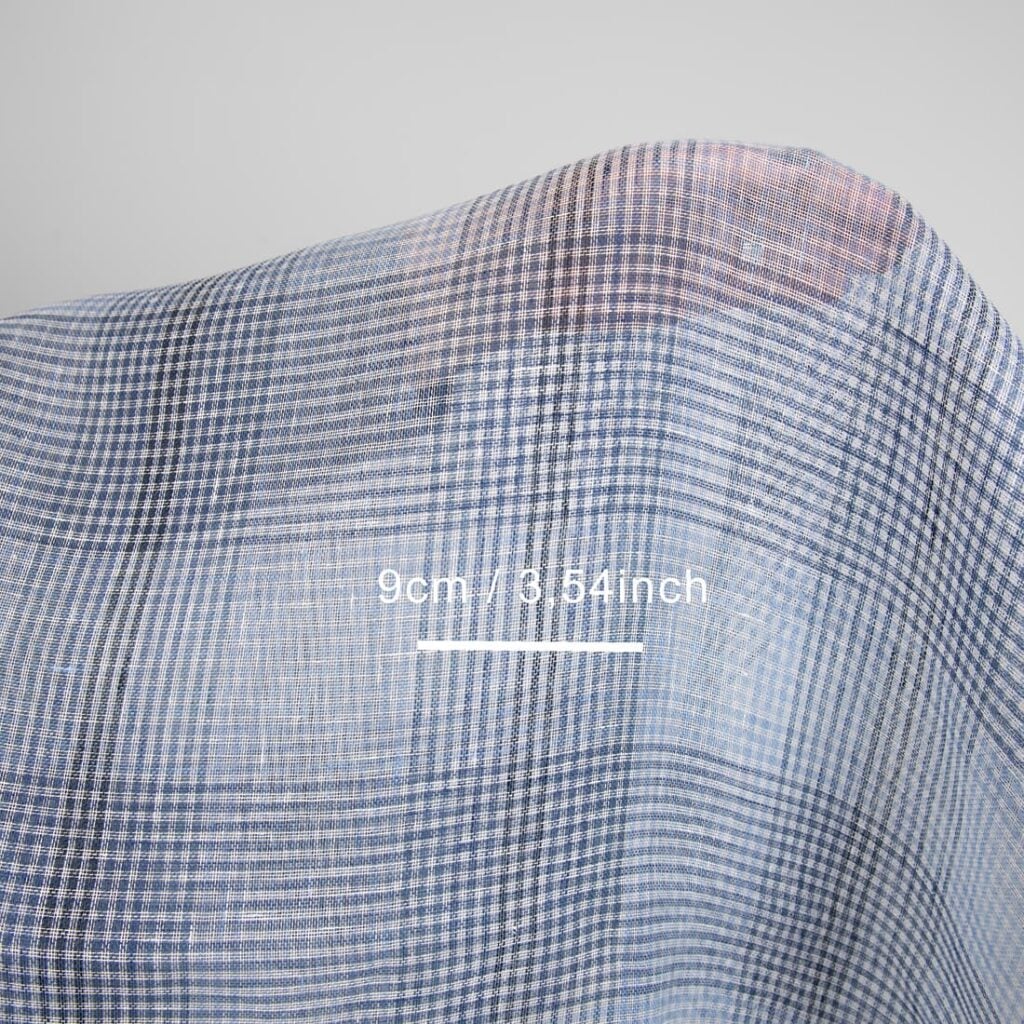 Przeźroczysta tkanina lniana w niebieską kratkę 3 linen blue checks fabric gauze 9cm checks