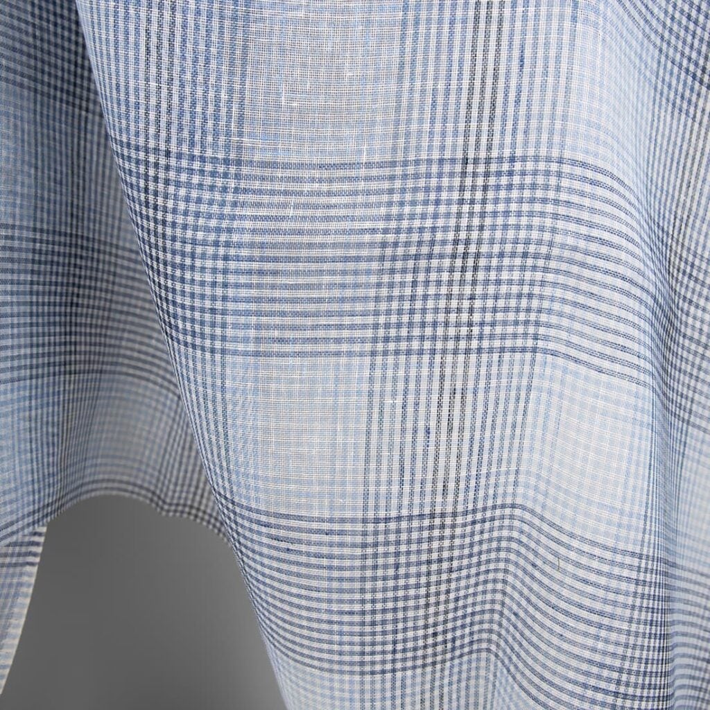Przeźroczysta tkanina lniana w niebieską kratkę 4 linen blue checks fabric gauze 150cm width