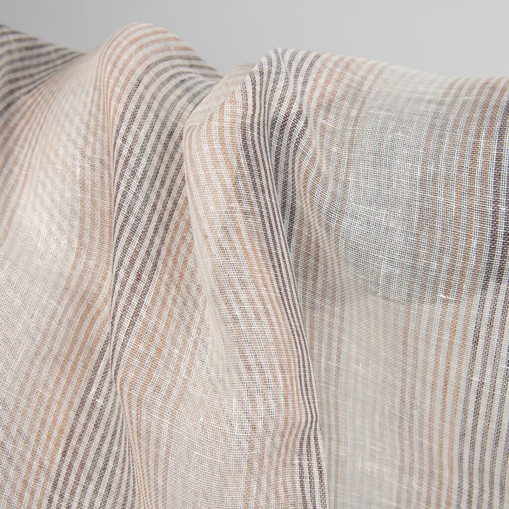 Przeźroczysta tkanina lniana w brązowe paski 2 linen gauze brown striped fabric transparent