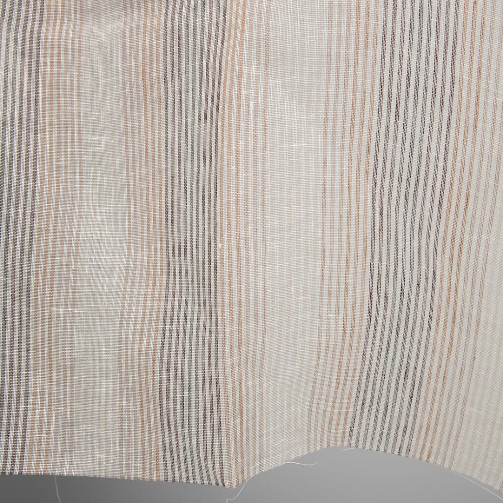 Przeźroczysta tkanina lniana w brązowe paski 3 linen gauze brown striped fabric 150cm. width