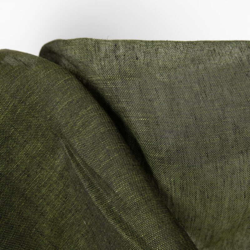 Linen fabric dark moss green colour transparent detail view