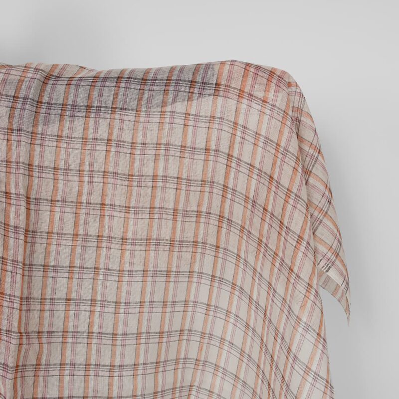 Linen fabric beige orange pink checks multicolour gauze