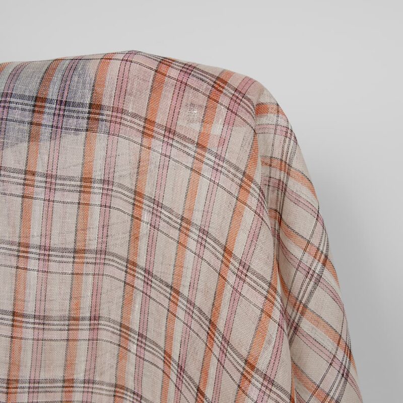 Linen fabric beige orange pink checks multicolour gauze, lightweight