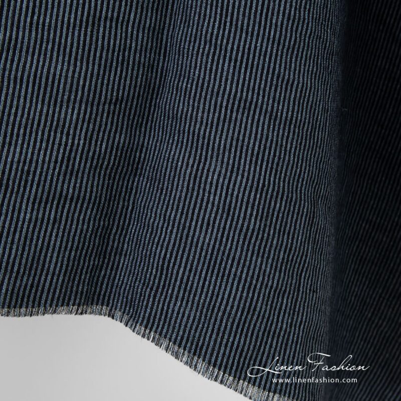 Black linen fabric with vertical stripes, high quality