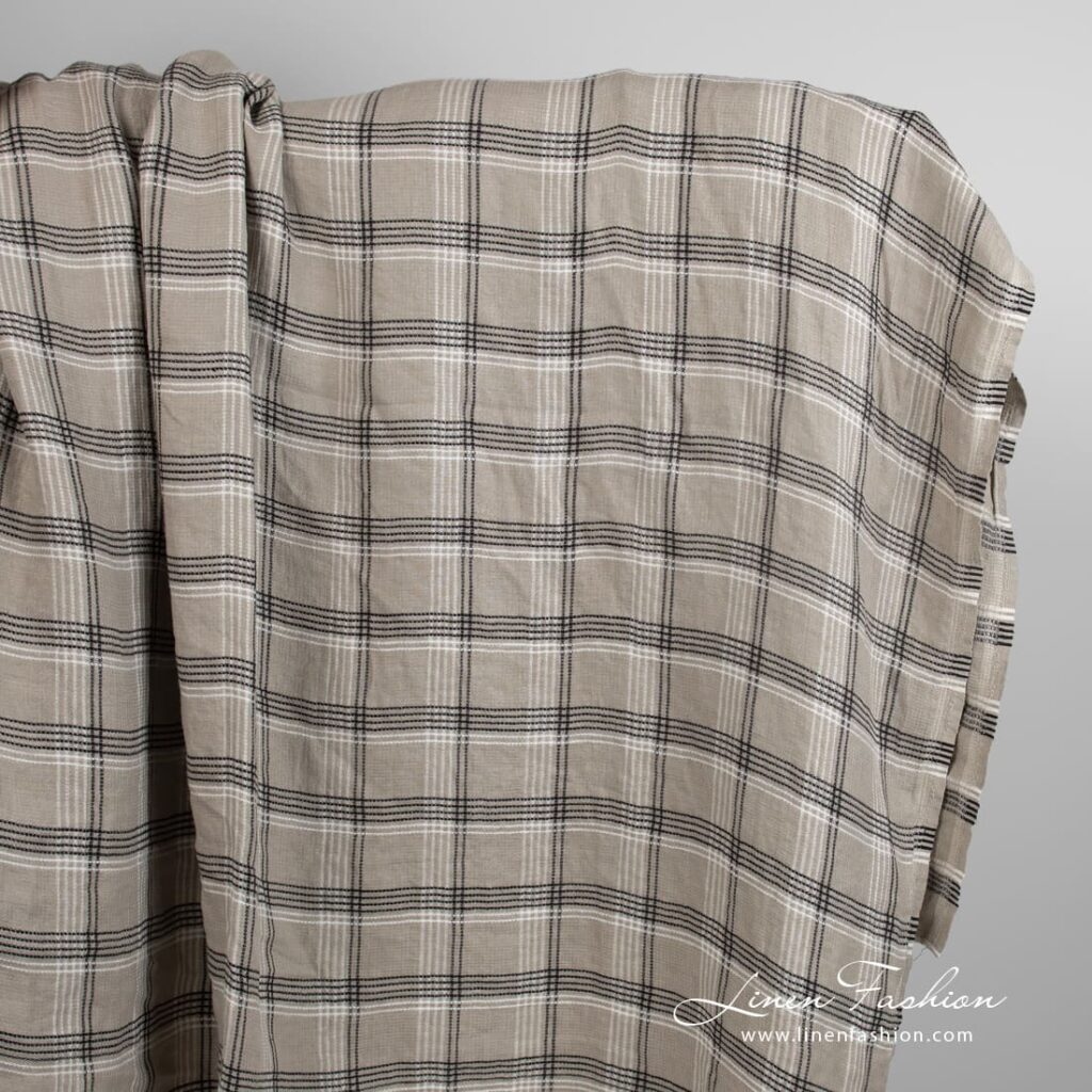 Grey brown linen fabric in checks