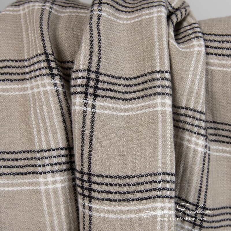 Grey brown linen fabric in checks and small waffle pattern