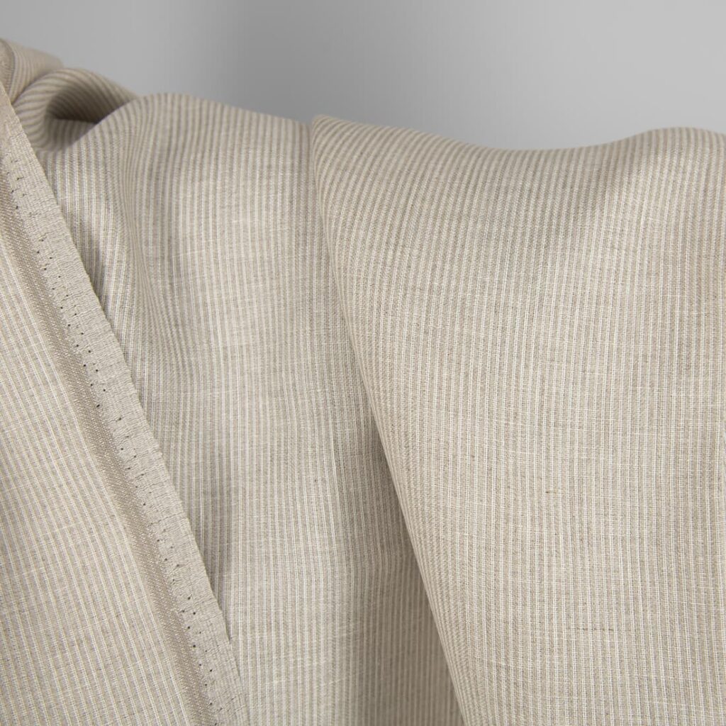 Tkanina lniana w naturalne i białe prążki 3 Linen fabric natural and white narrow stripes, 150cm