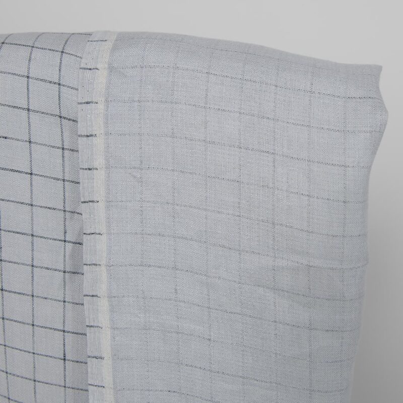 Linen fabric double-sided light grey with blue checks other side