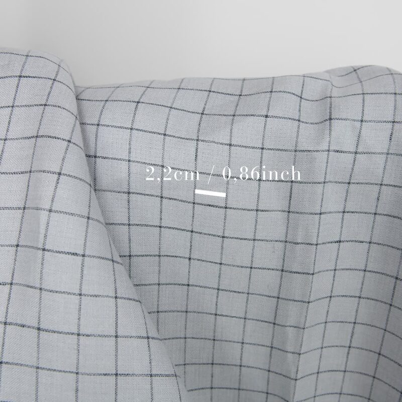 Linen fabric double-sided light grey with blue checks with measurements