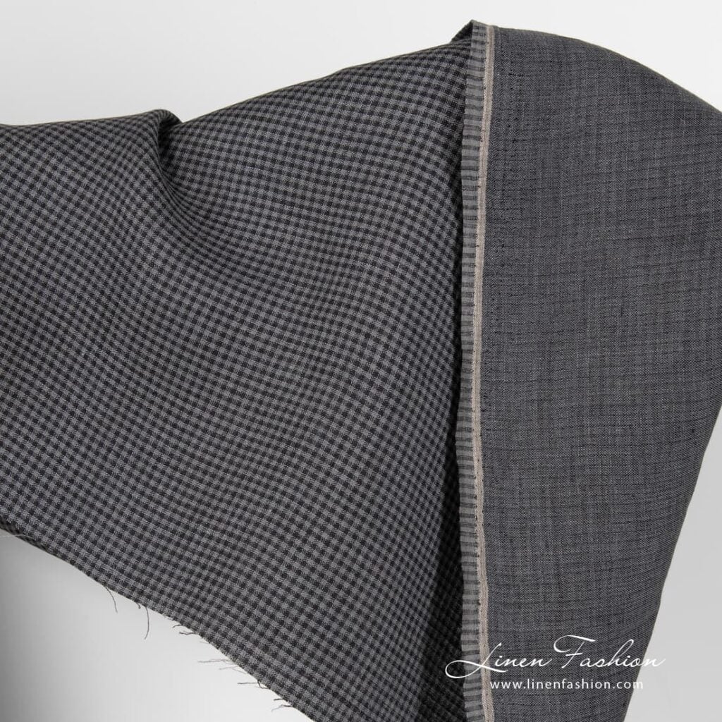 Black grey checked linen fabric.