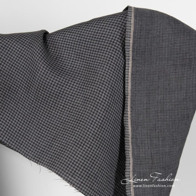 Black grey checked linen fabric.
