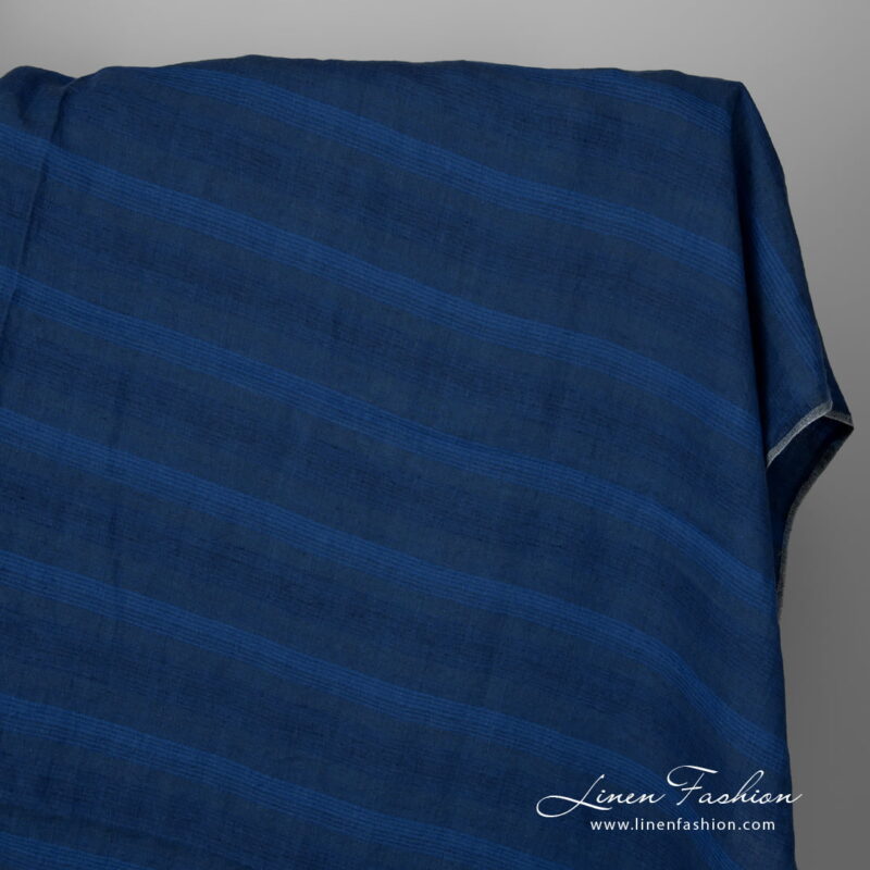Wide washed linen fabric in blue stripes