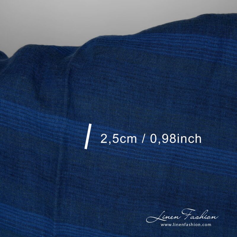 Wide washed linen fabric in blue stripes with measurements