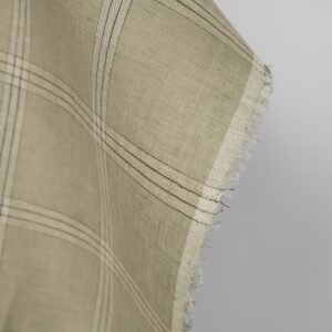 Linen fabric green-beige checks, fabric edge