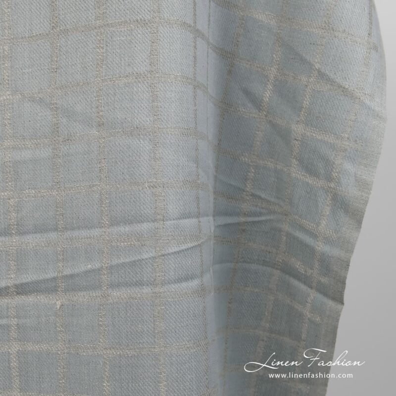 Linen cotton fabric blueish grey double-sided close up edge view