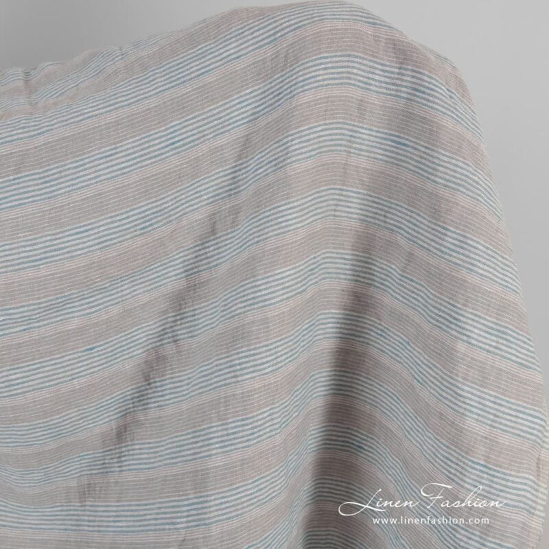 Grey blue linen fabric in stripes, washed