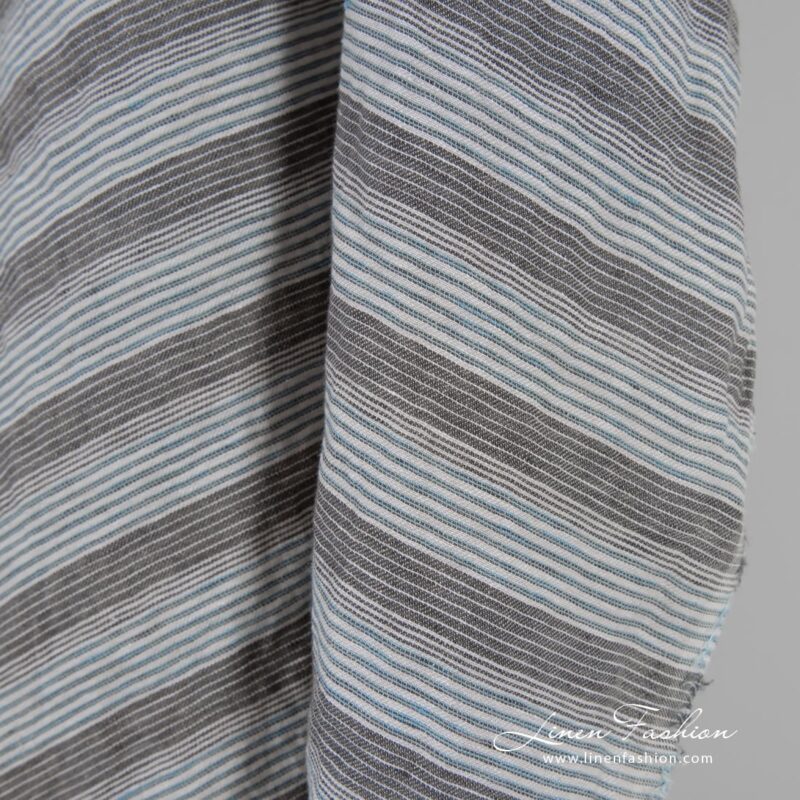 Brown blue linen fabric in stripes, specially washed to increase softness