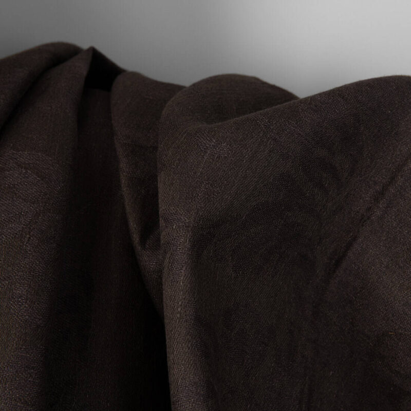 Dark brown jacquard linen fabric with flowers, jacquard weave
