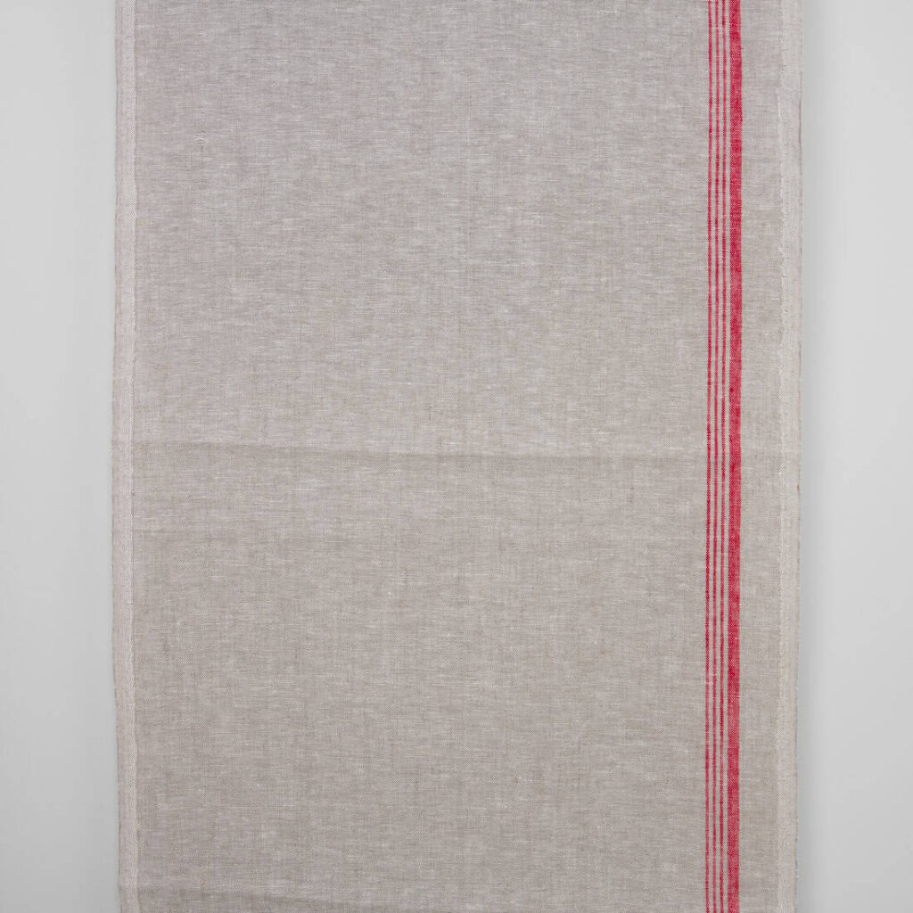 Jasnoszara lniana tkanina z czerwonymi paskami 1 Narrow linen towel fabric in beige