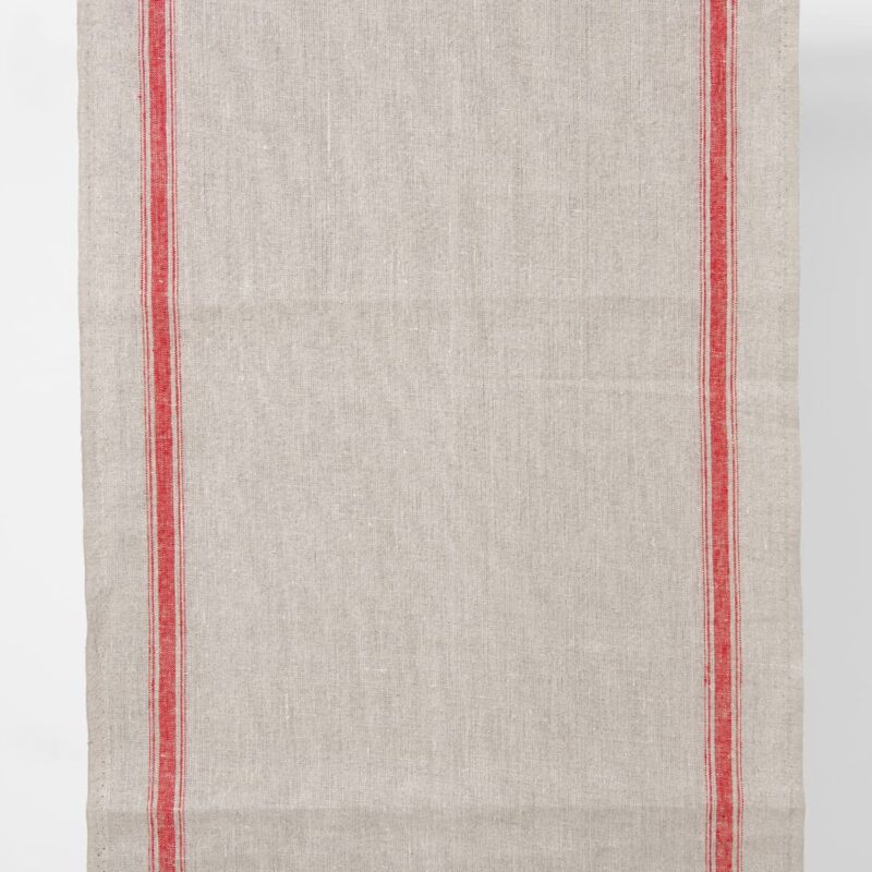 Narrow linen fabric natural grey colour with red stripes