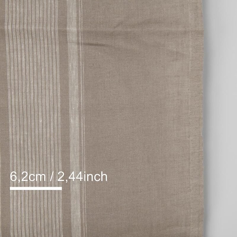 Narrow linen fabric brownish-grey with white center stripes, with measurements