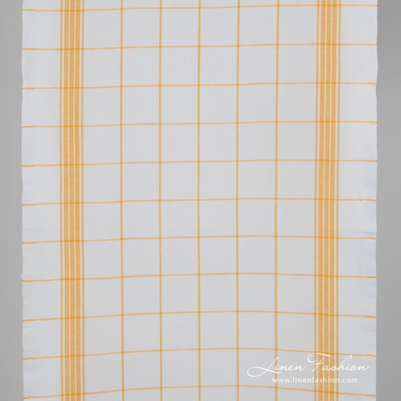 White linen cotton fabric in yellow checks
