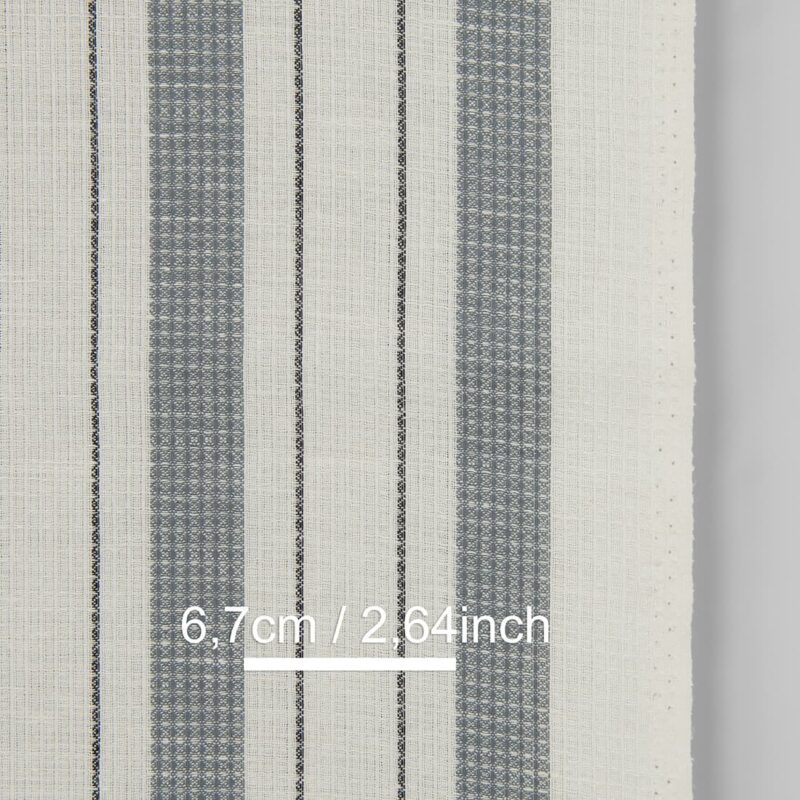 Narrow linen cotton fabric off-white with grey stripes waffle, with measurements