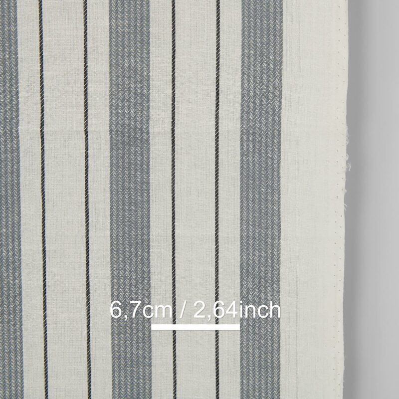 Narrow linen cotton fabric off-white with grey stripes twill, with measurements