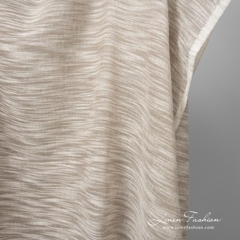 Linen cotton fabric sand colour with white stripes edge view