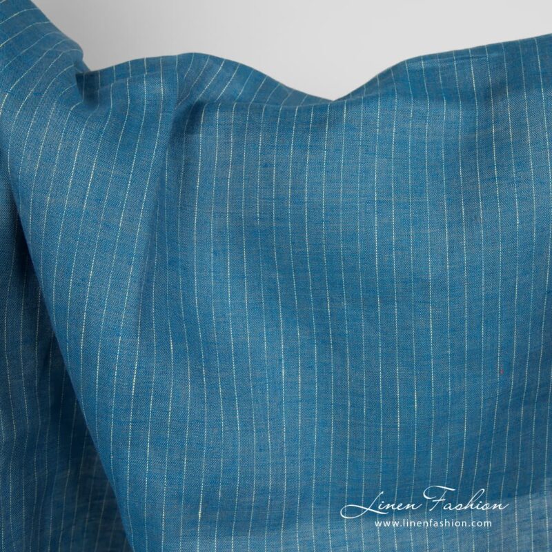 Linen fabric blue with yellowish stripes product photo