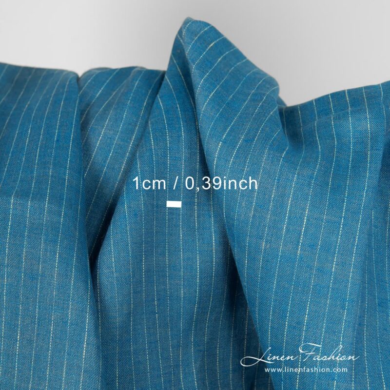 Linen fabric blue with yellowish stripes with measurements