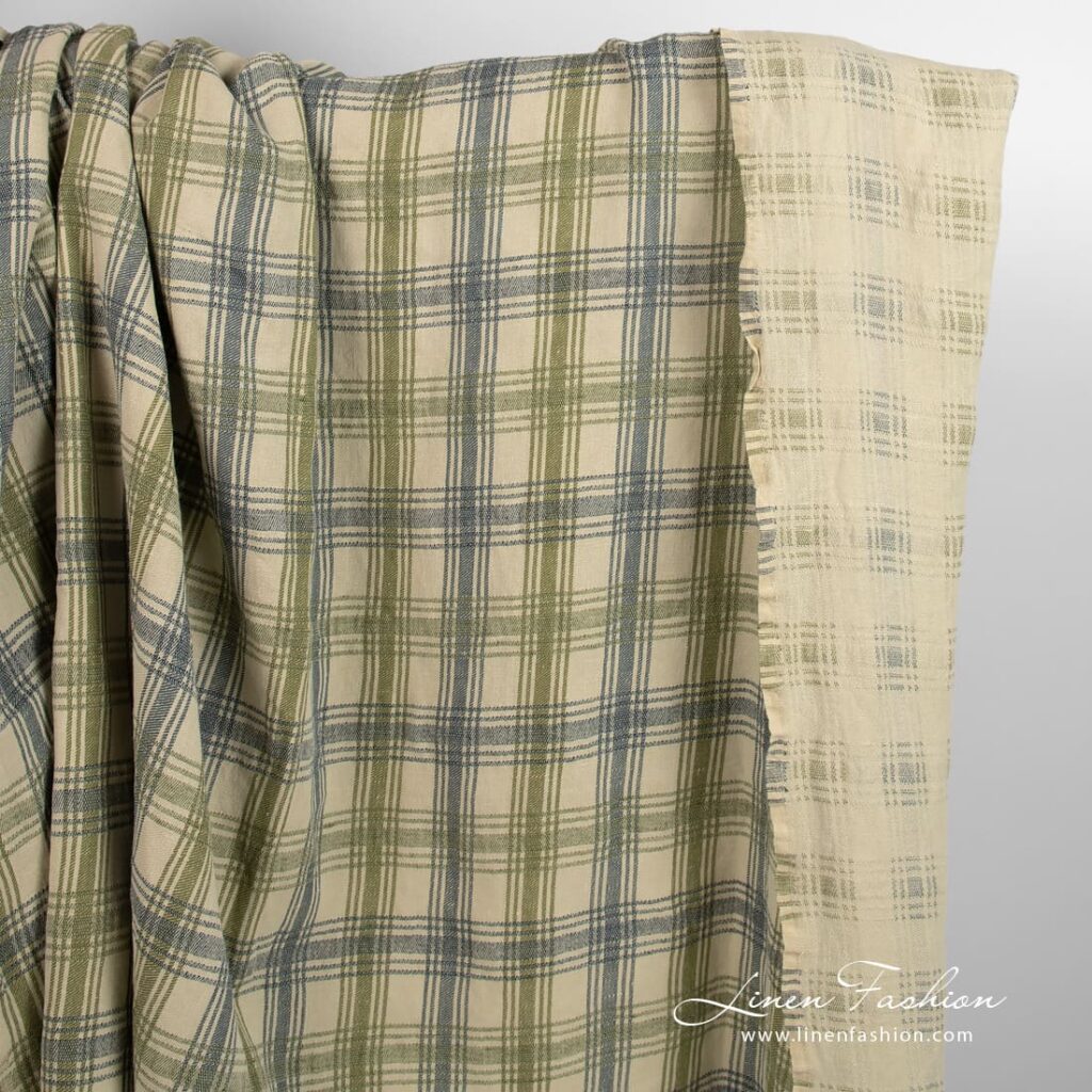 Green linen cotton fabric in checks